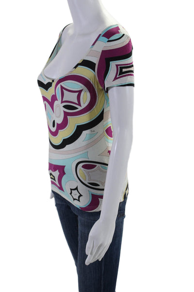 Emilio Pucci Womens Short Sleeve Scoop Neck Abstract Shirt White Multi Small