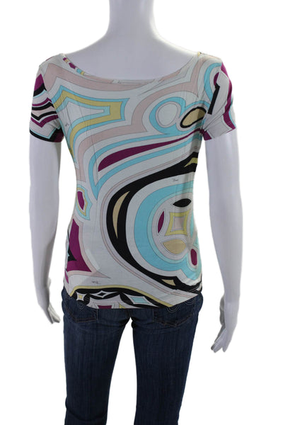 Emilio Pucci Womens Short Sleeve Scoop Neck Abstract Shirt White Multi Small