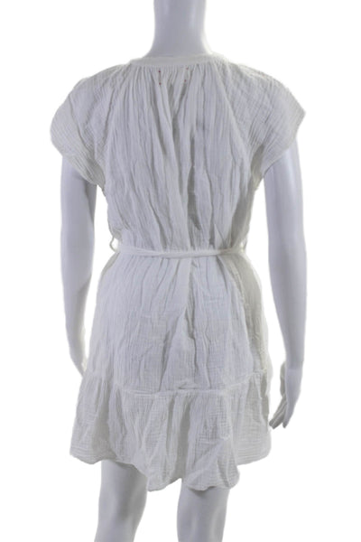 Xirena Womens Button Front Belted Short Sleeve Gauze Dress White Cotton Size XS