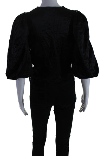 Nicholas Women's V-Neck Puff Sleeves Lace Up Front Silk Blouse Black Size 0