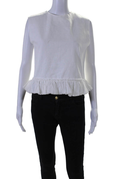 Hache Womens Sleeveless Crew Neck Ruffled Boxy Blouse White Cotton Size IT 40