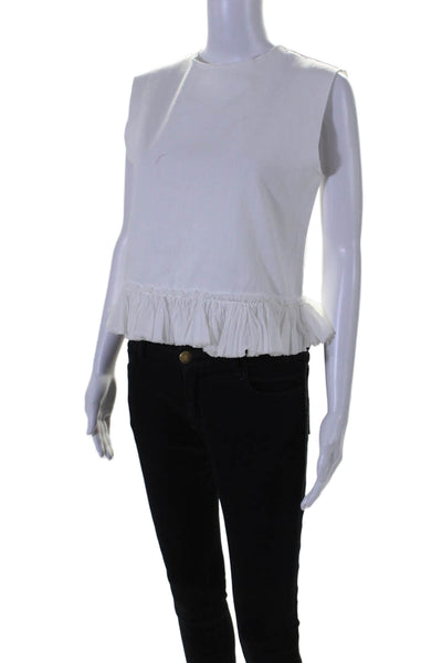 Hache Womens Sleeveless Crew Neck Ruffled Boxy Blouse White Cotton Size IT 40