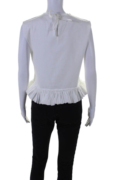 Hache Womens Sleeveless Crew Neck Ruffled Boxy Blouse White Cotton Size IT 40