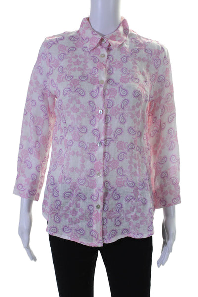 Temptation Positano Womens Button Front Linen Paisley Shirt White Pink Size XS