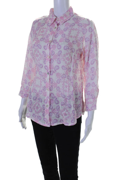 Temptation Positano Womens Button Front Linen Paisley Shirt White Pink Size XS