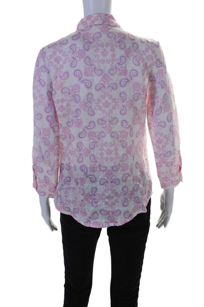 Temptation Positano Womens Button Front Linen Paisley Shirt White Pink Size XS