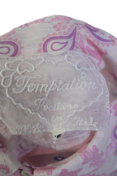 Temptation Positano Womens Button Front Linen Paisley Shirt White Pink Size XS