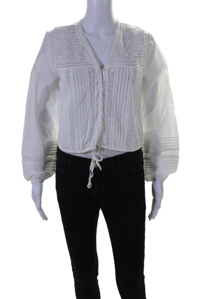 Unsubscribed Womens Long Sleeve Button Front Lace Trim Top White Cotton Size 0