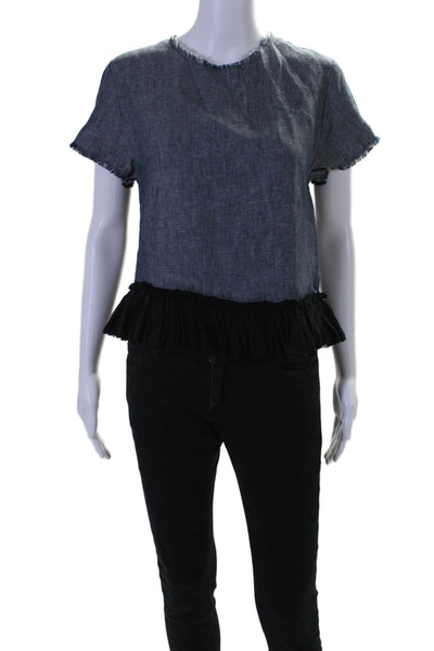 Hache Womens Short Sleeve Crew Neck Ruffled Fringe Denim Top Blue Size IT 40