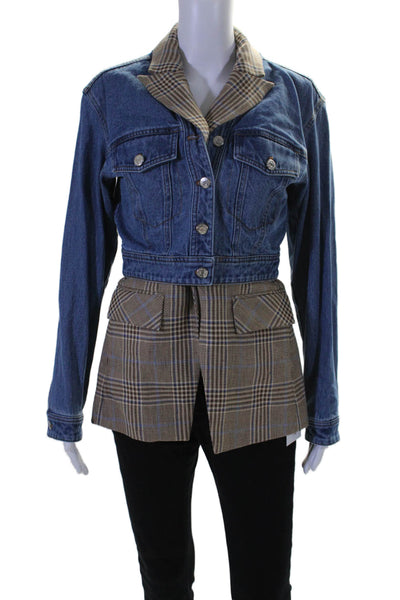 Veronica Beard Womens Glen Plaid Layered Jean Jacket Blue Brown Size Extra Small