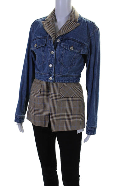 Veronica Beard Womens Glen Plaid Layered Jean Jacket Blue Brown Size Extra Small