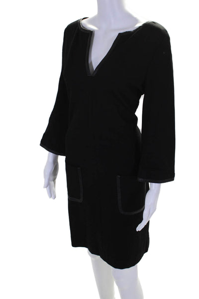 Trina Turk Womens Back Zip 3/4 Sleeve V Neck Shift Dress Black Size 6