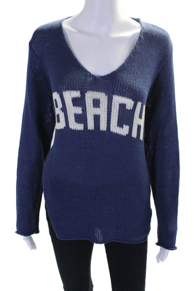 Wooden Ships Women's V-Neck Long Sleeves Graphic Pullover Sweater Blue Size M