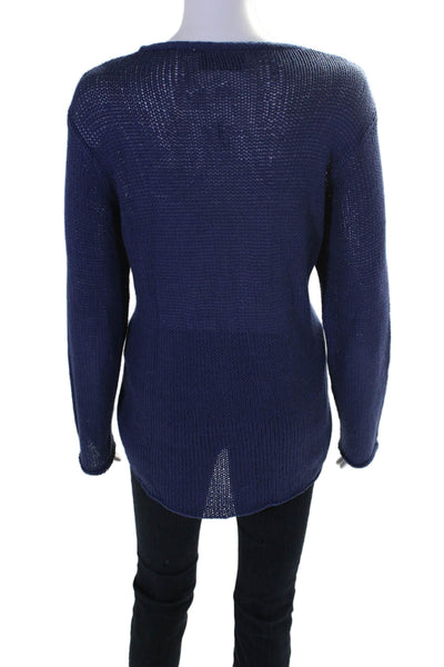 Wooden Ships Women's V-Neck Long Sleeves Graphic Pullover Sweater Blue Size M