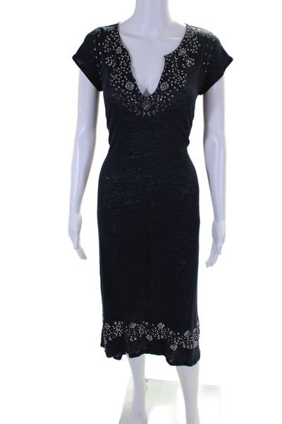 Calypso Saint Barth Women's Short Sleeves Sequin Maxi Dress Navy Blue Size M