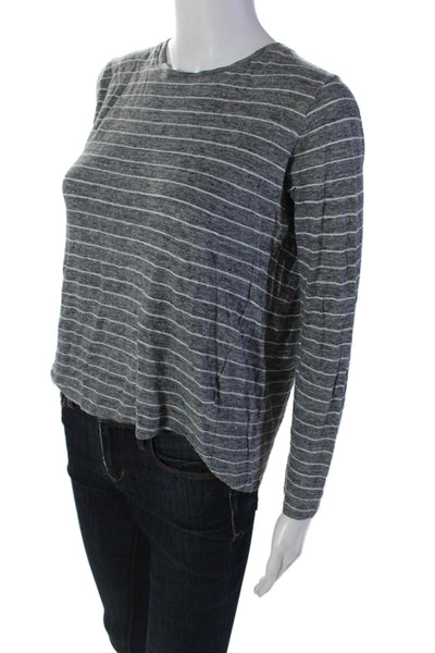 Vince Womens Linen Striped Long Sleeved Round Neck Casual Shirt Gray Size M