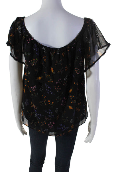 Rebecca Minkoff Womens Off Shoulder Floral Print Ruffle Blouse Black Size M