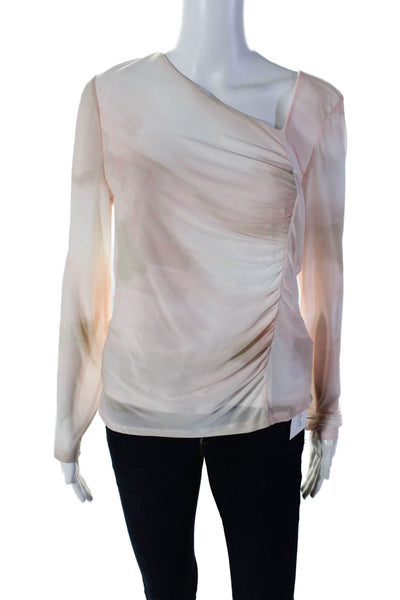 Calvin Klein Womens Long Sleeves Ruched V Neck Blouse Pink White Size Medium