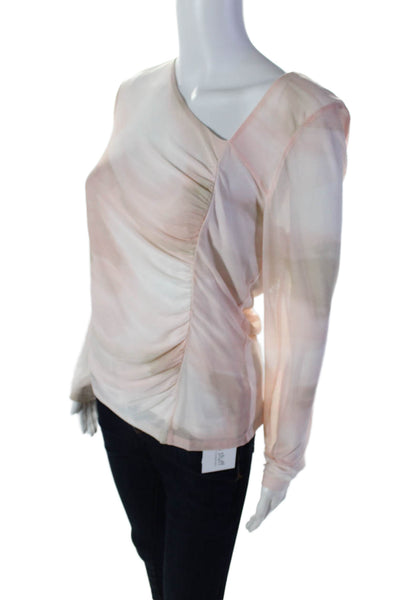 Calvin Klein Womens Long Sleeves Ruched V Neck Blouse Pink White Size Medium