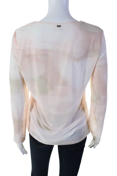 Calvin Klein Womens Long Sleeves Ruched V Neck Blouse Pink White Size Medium