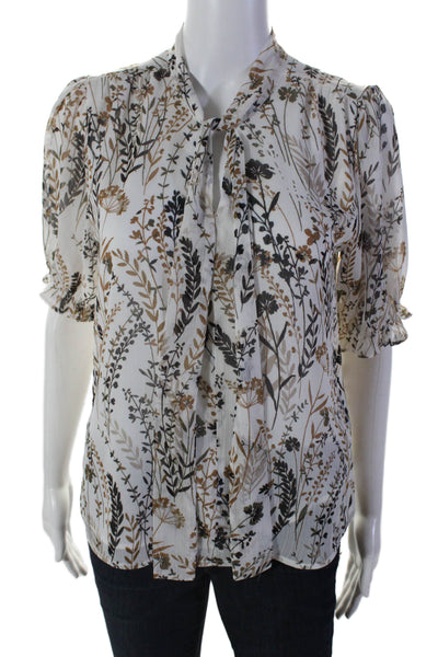 Calvin Klein Womens Floral Print Short Sleeves Blouse White Brown Size Small