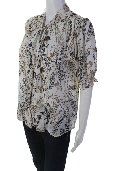 Calvin Klein Womens Floral Print Short Sleeves Blouse White Brown Size Small