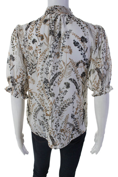 Calvin Klein Womens Floral Print Short Sleeves Blouse White Brown Size Small