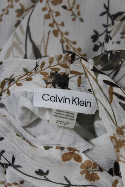 Calvin Klein Womens Floral Print Short Sleeves Blouse White Brown Size Small