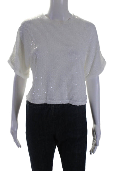 Lucy Paris Womens Short Sleeve Sequin Crop Top White Size XS