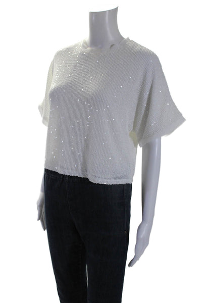 Lucy Paris Womens Short Sleeve Sequin Crop Top White Size XS