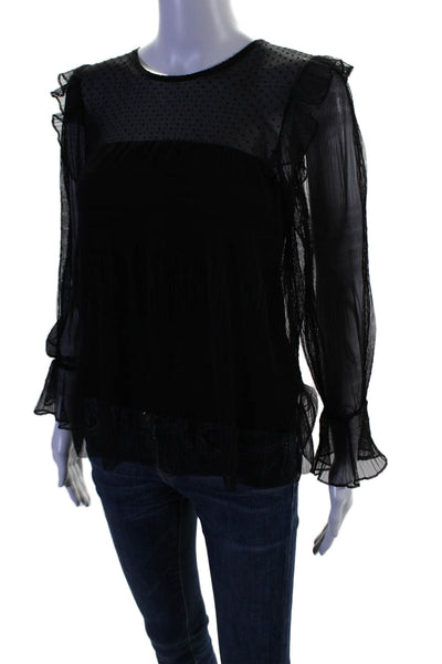 Maje Womens Swiss Dot Ruffled Long Sleeves Crew Neck Blouse Black Size 1