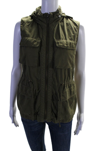 J Crew Womens Full Zipper Sleeveless Cargo Jacket Green Cotton Size Extra Small