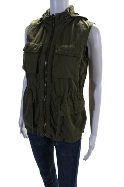 J Crew Womens Full Zipper Sleeveless Cargo Jacket Green Cotton Size Extra Small