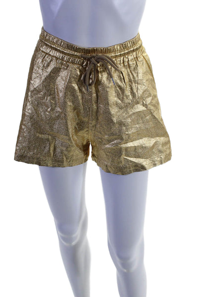 Rabens Saloner Womens Mid Rise Metallic Drawstring Shorts Gold Tone Size Large