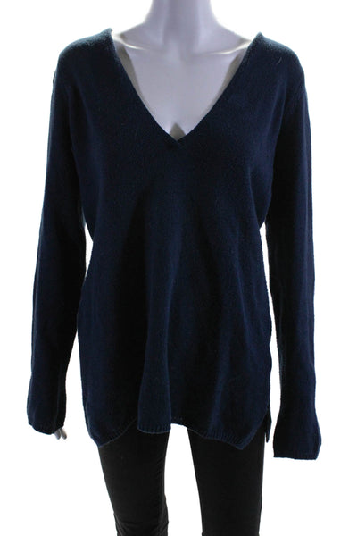 Vince Women's Hood Long Sleeves V-Neck Pullover Sweater Navy Blue Size M