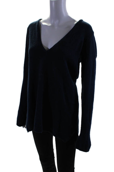 Vince Women's Hood Long Sleeves V-Neck Pullover Sweater Navy Blue Size M