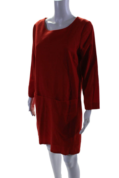 J Crew Women's Round Neck Long Sleeves Pockets A-Line Mini Dress Red Size 10