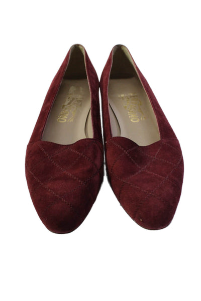 Salvatore Ferragamo Womens Slip On Quilted Loafers Wine Red Suede Size 8.5AA