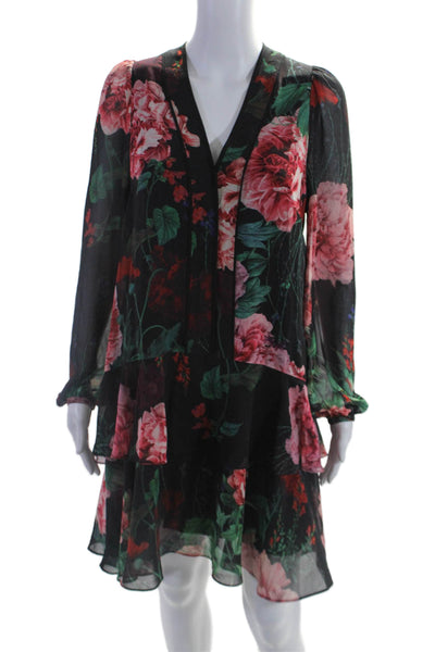 Karen Millen Womens Black Floral V-Neck Long Sleeve Layered Dress Size 8