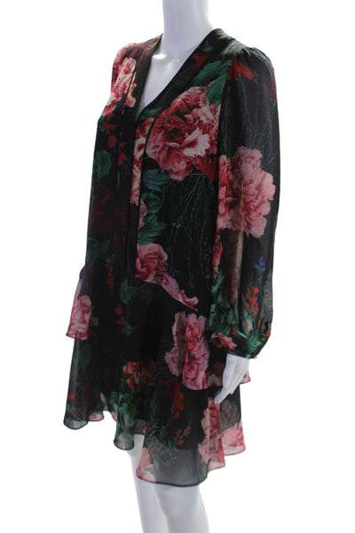 Karen Millen Womens Black Floral V-Neck Long Sleeve Layered Dress Size 8