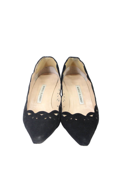 Manolo Blahnik Womens Suede Laser Cut Pointed Toe Pumps Black Size 38 8