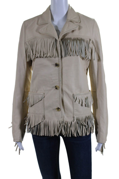 Lucky Brand Womens Three Button Fringe Leather Jacket Beige Size Medium