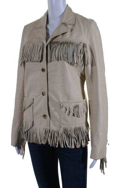 Lucky Brand Womens Three Button Fringe Leather Jacket Beige Size Medium