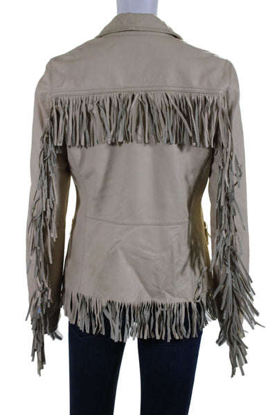 Lucky Brand Womens Three Button Fringe Leather Jacket Beige Size Medium