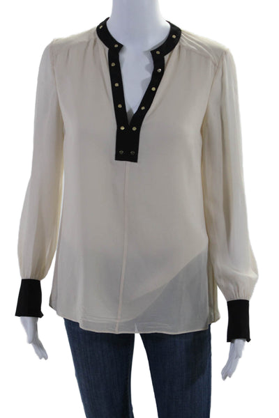 Tory Burch Womens Long Sleeve Studded V Neck Silk Blouse Top White Black Size 2