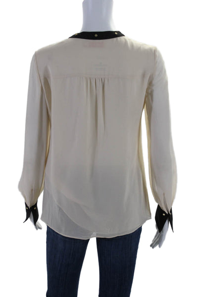 Tory Burch Womens Long Sleeve Studded V Neck Silk Blouse Top White Black Size 2