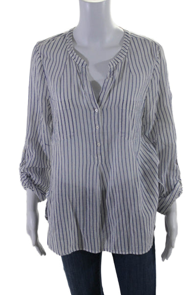 Joie Womens Long Sleeve Half Button Front V Neck Striped Shirt White Blue Large