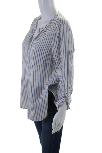 Joie Womens Long Sleeve Half Button Front V Neck Striped Shirt White Blue Large