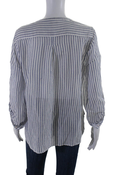 Joie Womens Long Sleeve Half Button Front V Neck Striped Shirt White Blue Large