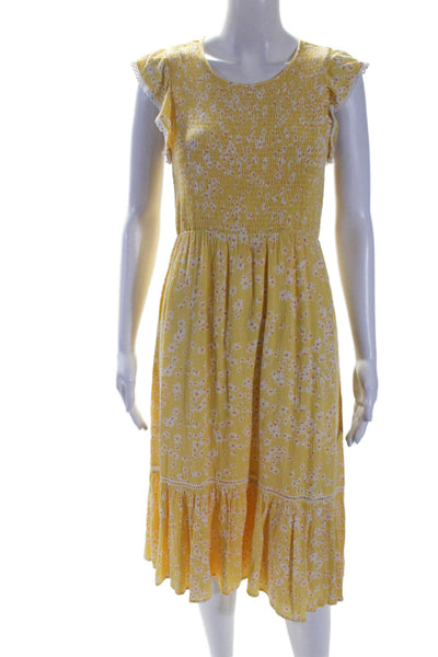 Lost + Wander Womens Ruched Floral Print Sleeveless Maxi Dress Yellow Size S